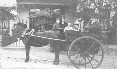 Elderly Gentleman in small horse-drawn cart. A family look on.
