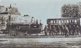 Early GNSR locomotive and carriage at Waterloo Station in the 1860s