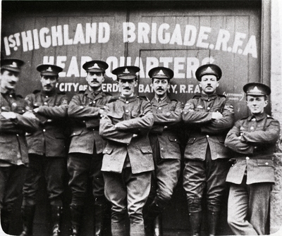 Group photograph of men from the 1st Highland Brigade, City of Aberdeen Battery, Royal Field Artillery. 1914