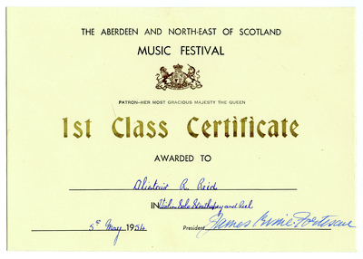 Aberdeen and North-East of Scotland Music Festival Certificate